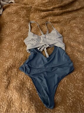 Striped Tie-Front & Blue One-Piece Swimsuit Set
